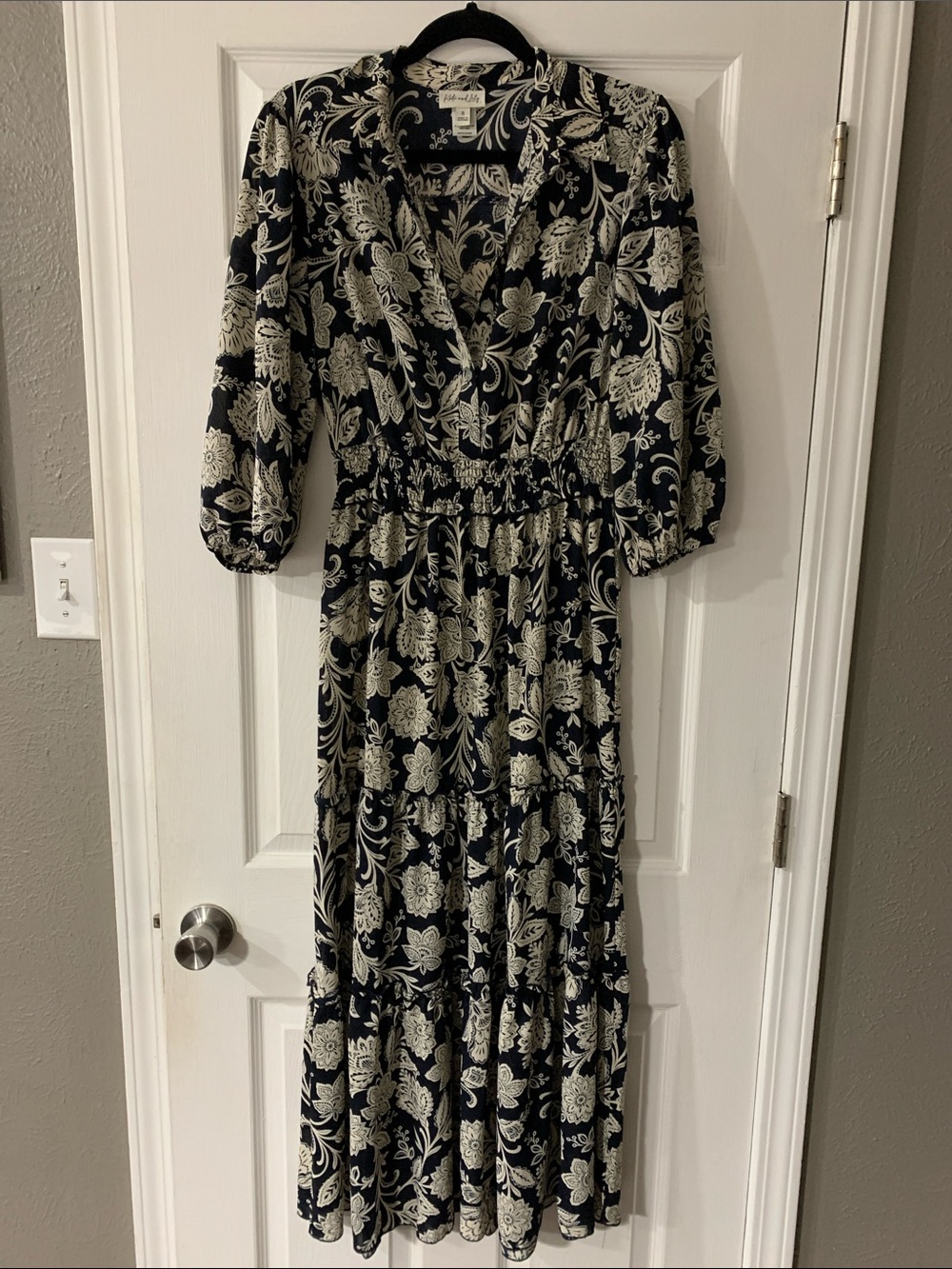 Navy Floral Tiered Maxi Dress with Smocked Waist